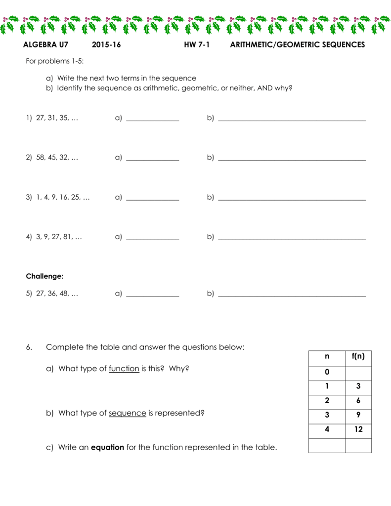 HW (Blank) For Arithmetic Sequence Worksheet Algebra 1