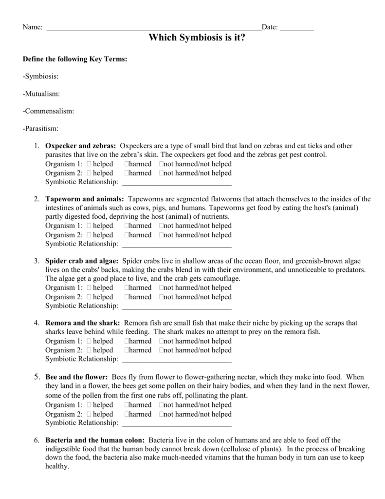 Which Symbiosis Is It Worksheet Answers - Worksheet List Throughout Symbiotic Relationships Worksheet Answers