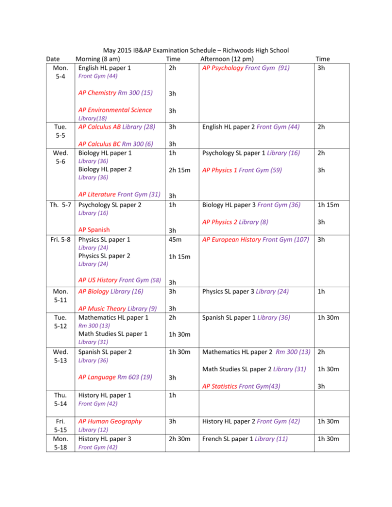 May 2015 IB AP Examination Schedule