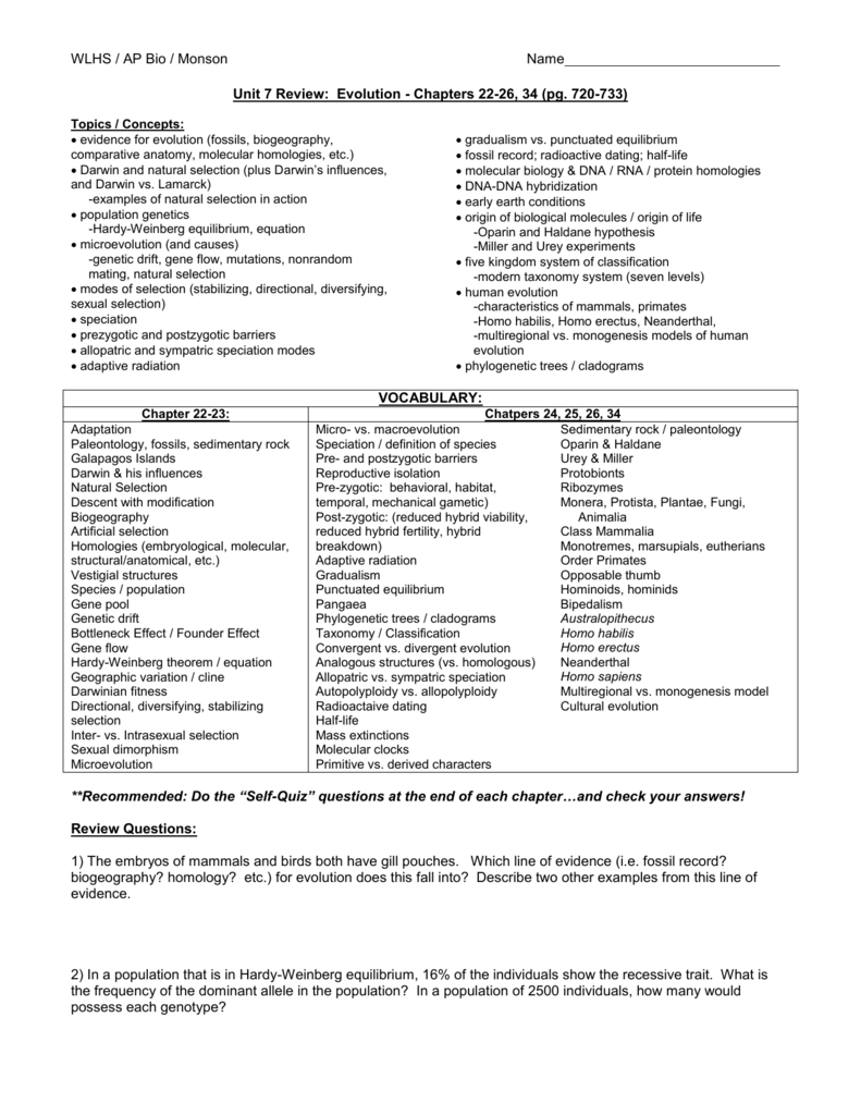 chapter 22 evolution ap bio study guide answers