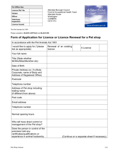 Form of Application for Licence or Licence Renewal for a Pet shop