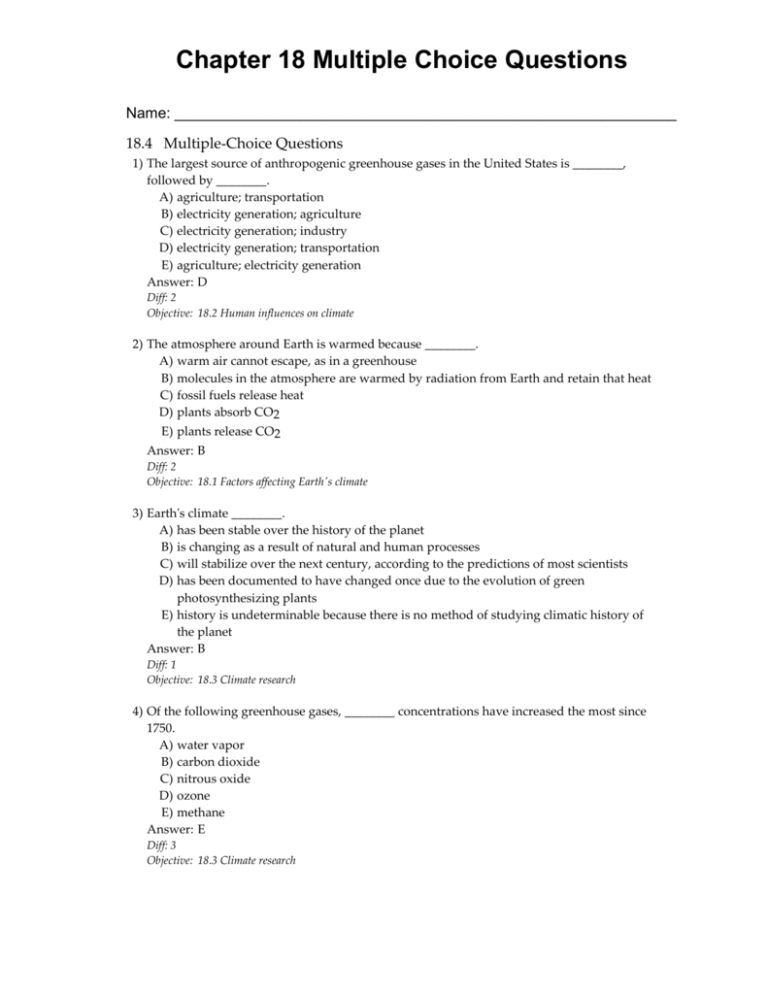 Chapter 18 Multiple Choice Questions Answers Science b