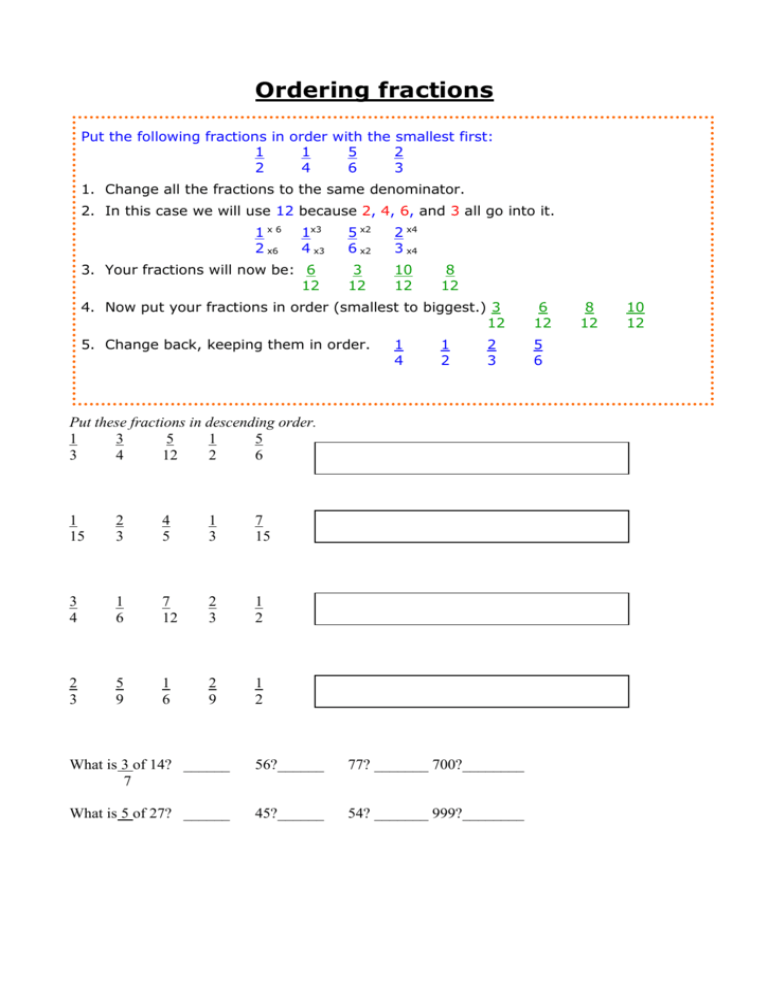 Comparing And Ordering Fractions