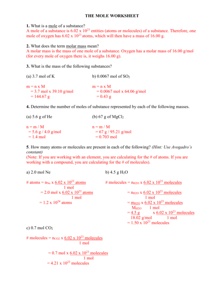 Defining The Mole Worksheet