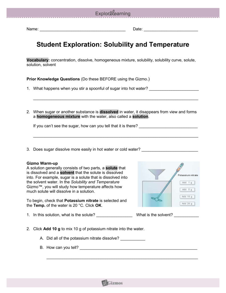 Student Exploration Solubility And Temperature Gizmo Answer Key