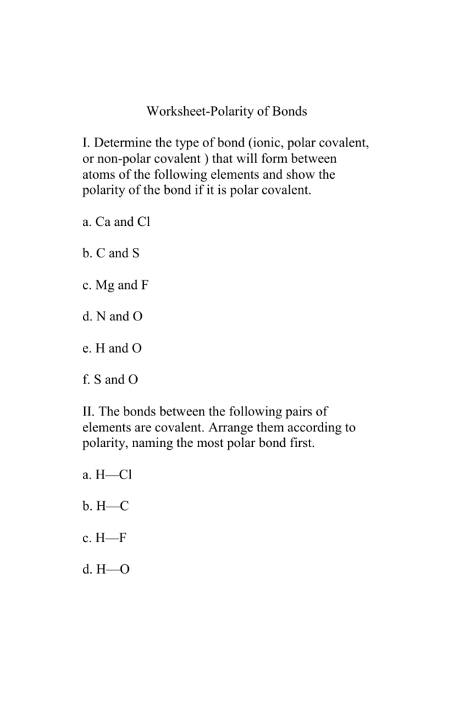 Worksheet Polarity Of Bonds