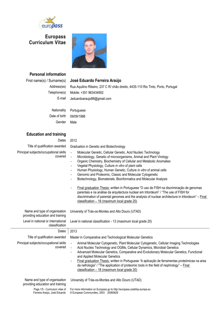 Example Of Europass Curriculum Vitae Europass Cv Sample Images And 