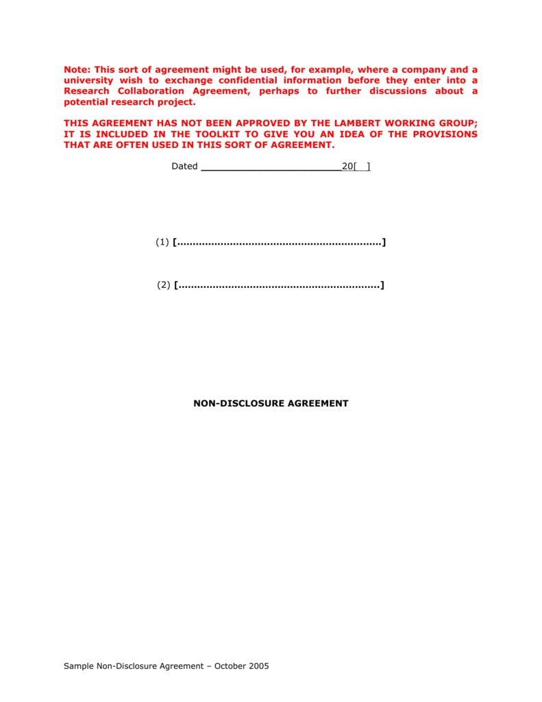 Sample Non-Disclosure Agreement Intended For non disclosure agreement template for research