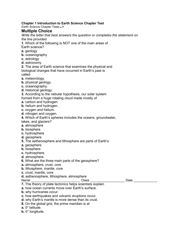 Chapter 1 Introduction To Earth Science Chapter Test Earth Science