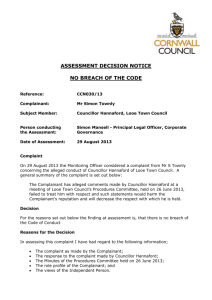 Councillor Hannaford Looe Town Council Assessment Decision