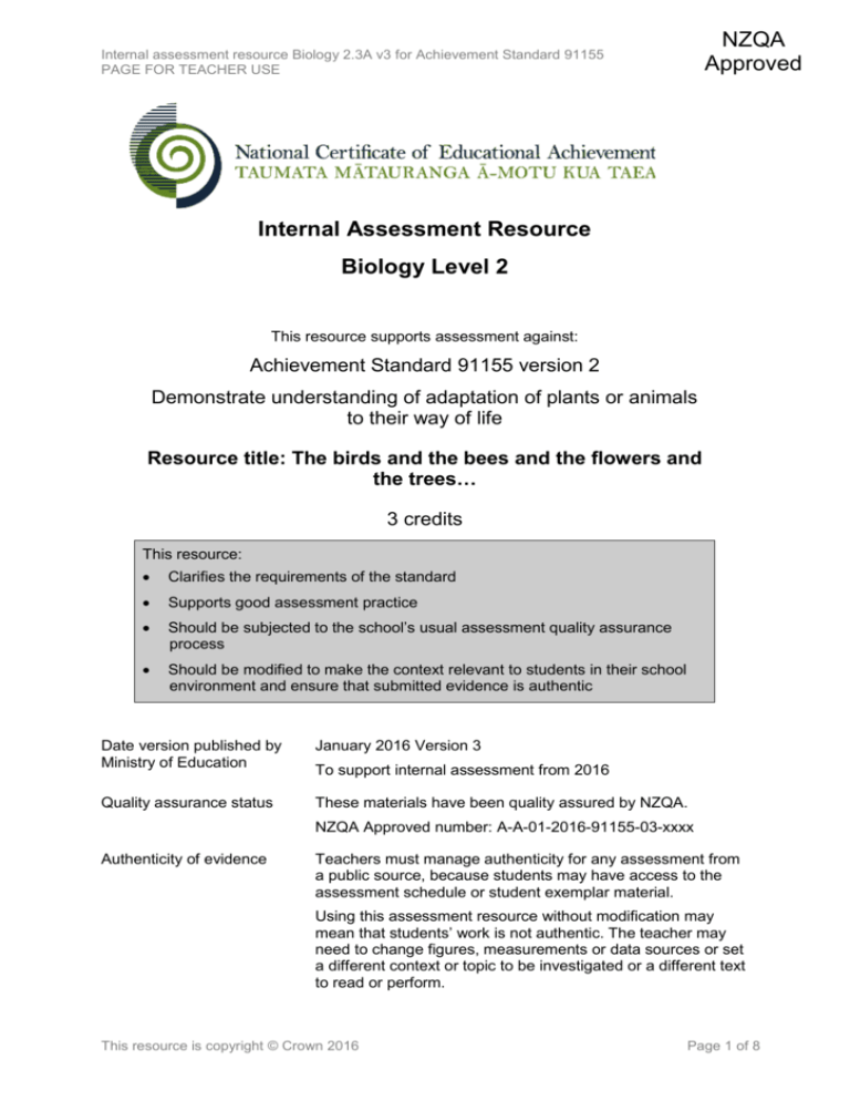Level 2 Biology Internal Assessment Resource