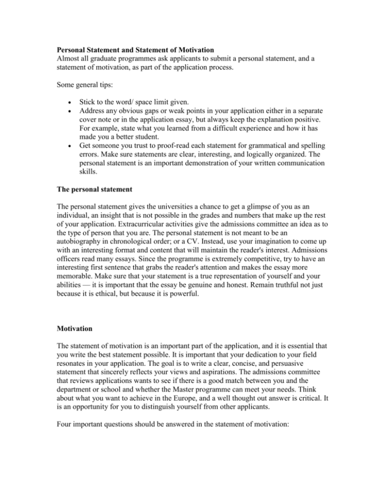 motivation letter and personal statement difference