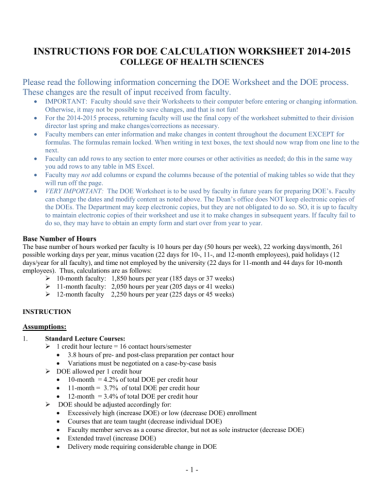 DOE Calculation Assumptions
