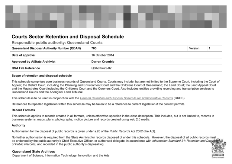 Courts Sector Retention And Disposal Schedule QDAN705 V 1