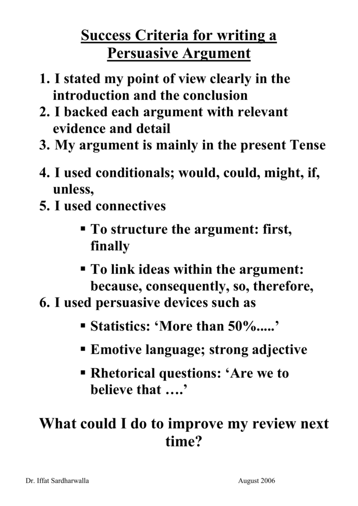 success criteria for writing an essay
