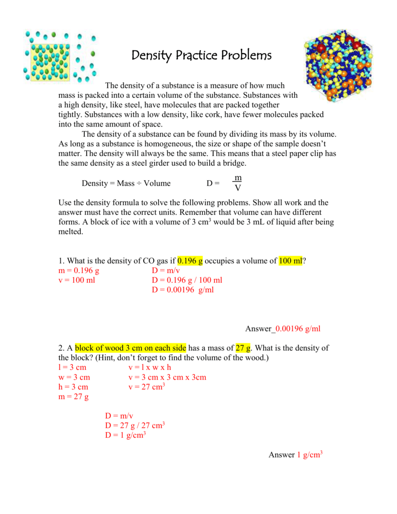 Density Practice Problems Answer Key From Class Mon Sept 28