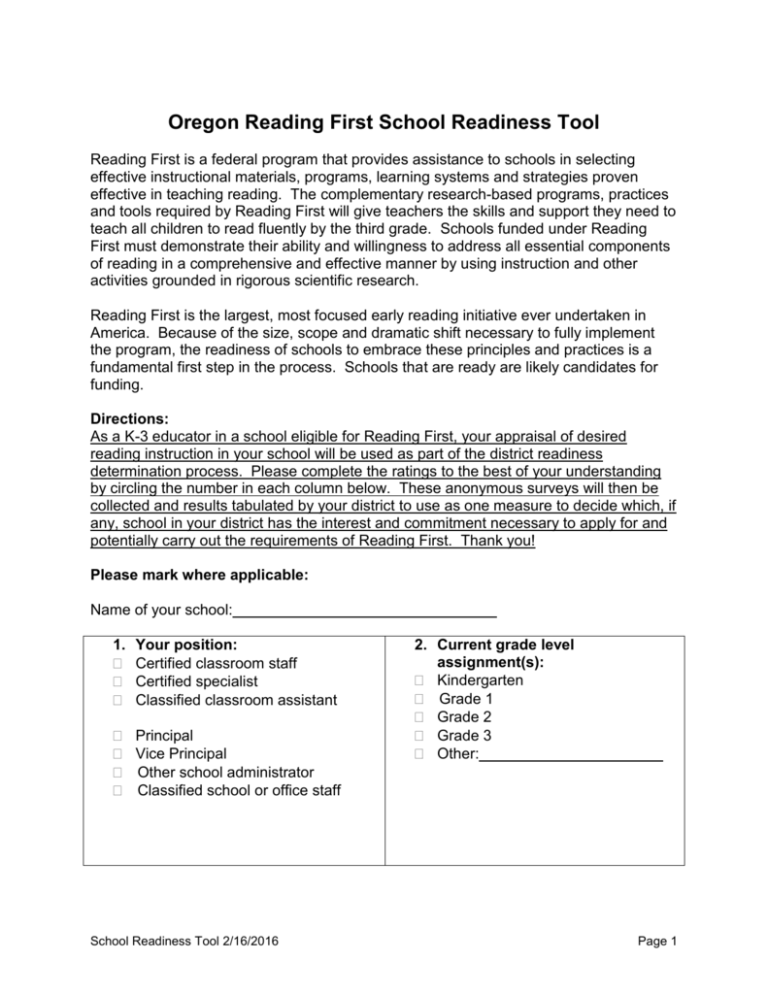 Oregon Reading First School Readiness Tool