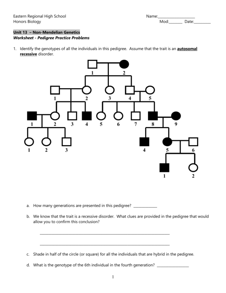 Pedigree Practice Problems Worksheets Answer Key