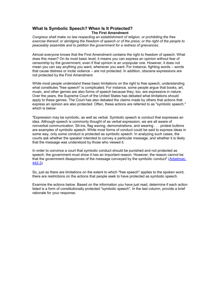 Symbolic Speech First Amendment Worksheet