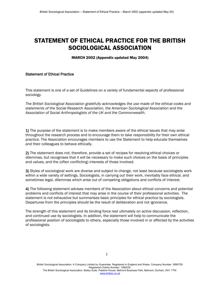Statement Of Ethical Practice The British Sociological Association