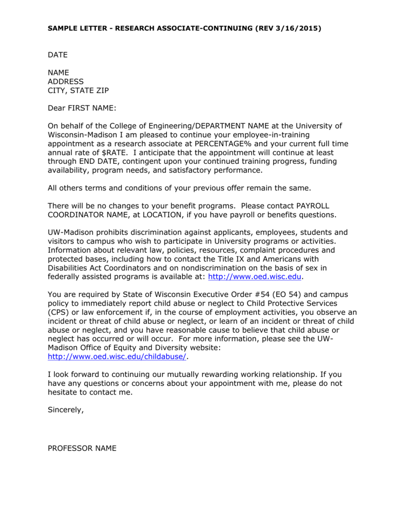 Sample Continuing Research Associate Appointment Letter