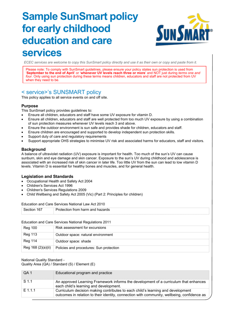 Early Childhood And Care Sample SunSmart Policy