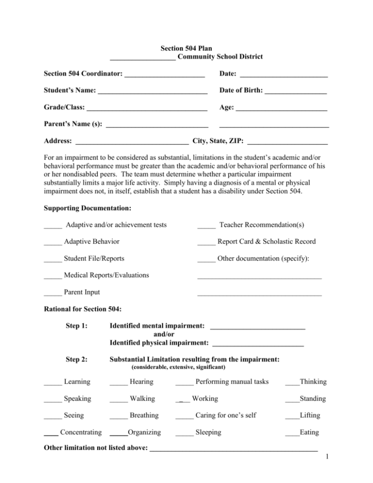 section 504 plan testing accommodations chart