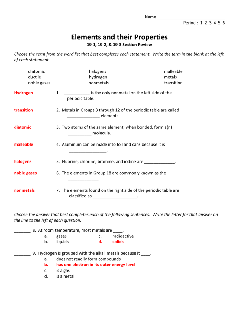 Atoms Elements And The Periodic Table Chapter Review Answer Key