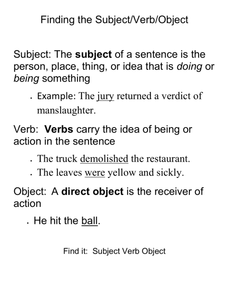 Subject Vs Object Of A Sentence Worksheet