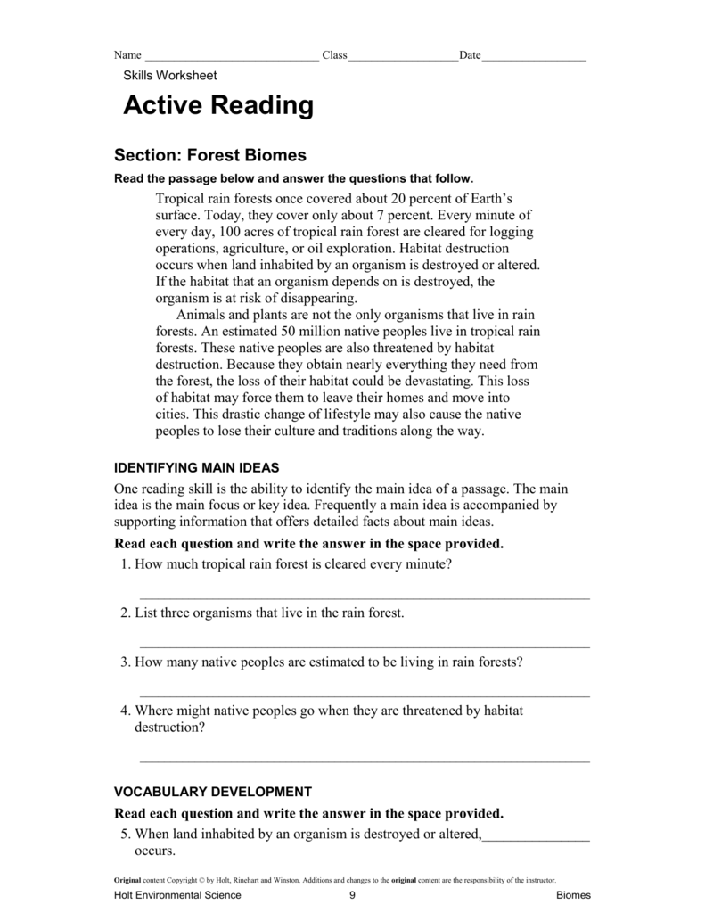 Active Reading: Forest Biomes With Regard To Skills Worksheet Active Reading