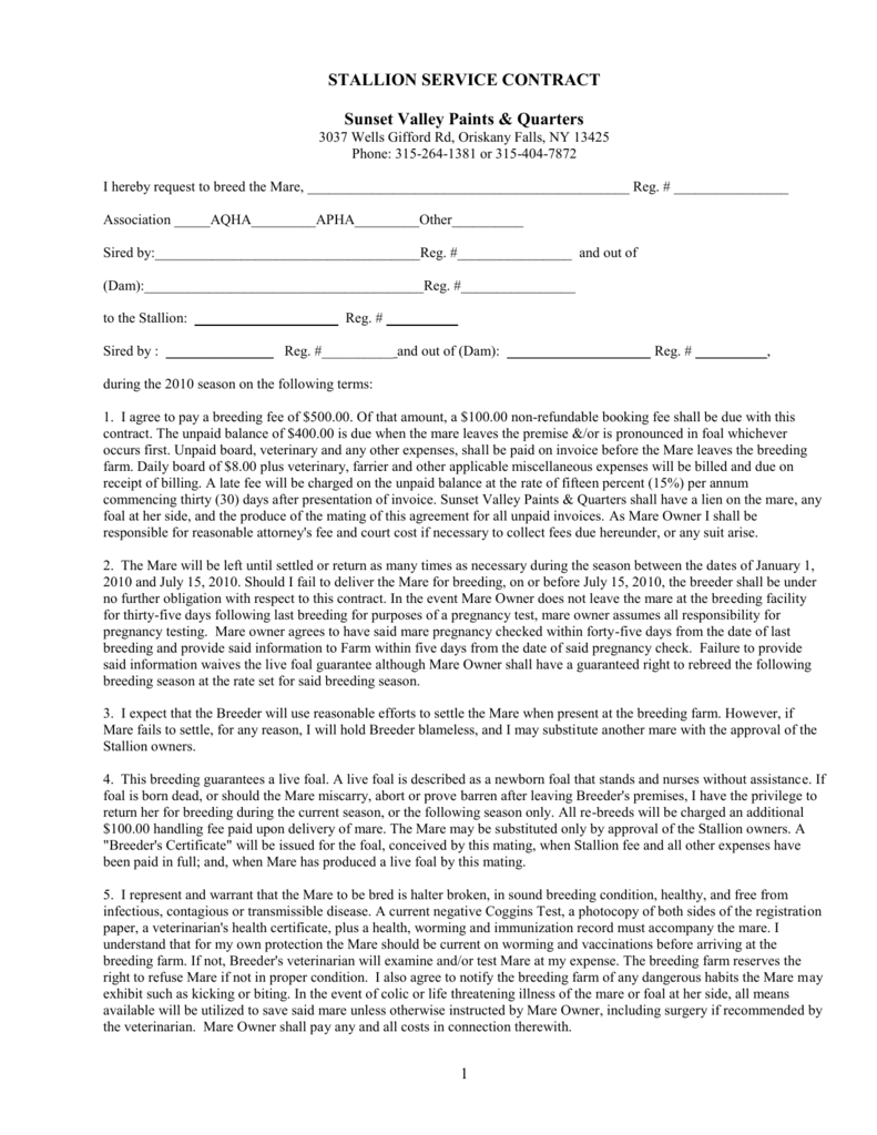 Stallion Breeding Contract Templates