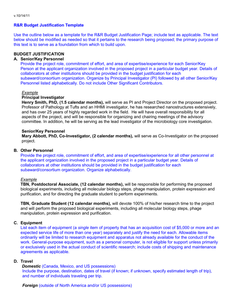 NIH Budget Justification Template