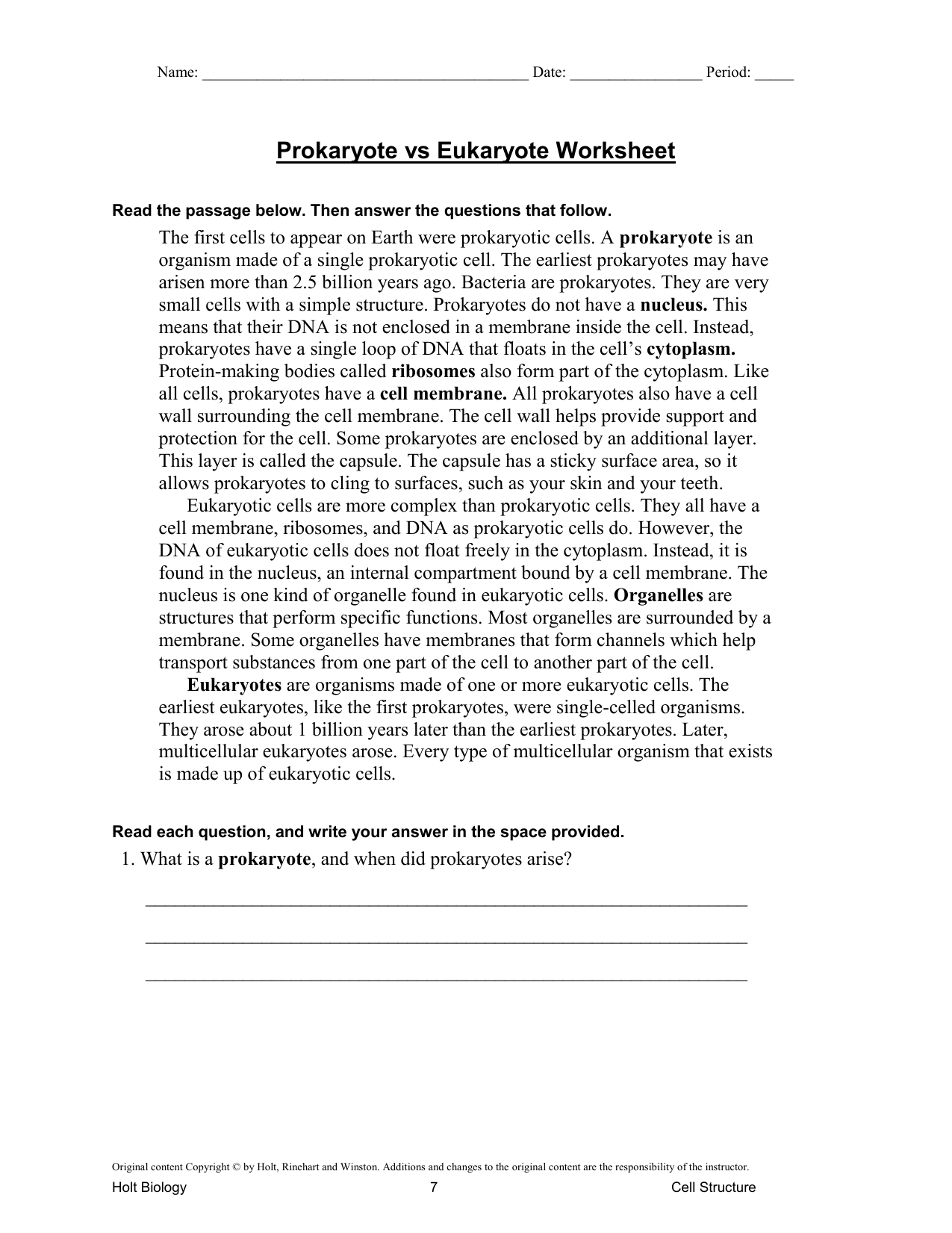 Prokaryote vs. Eukaryote Worksheet With Prokaryotes Vs Eukaryotes Worksheet