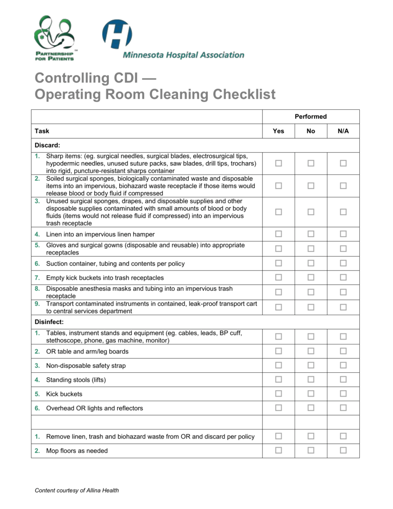 Operating Room Cleaning Checklist