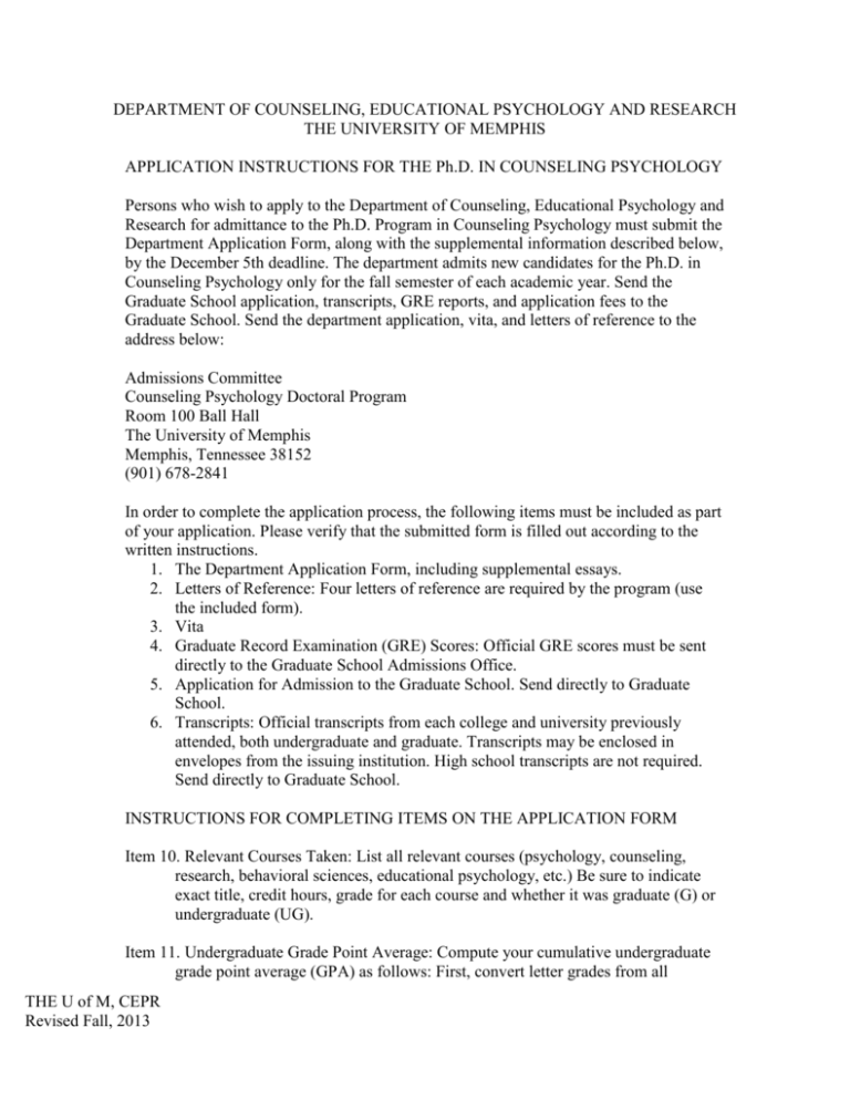 Application University Of Memphis