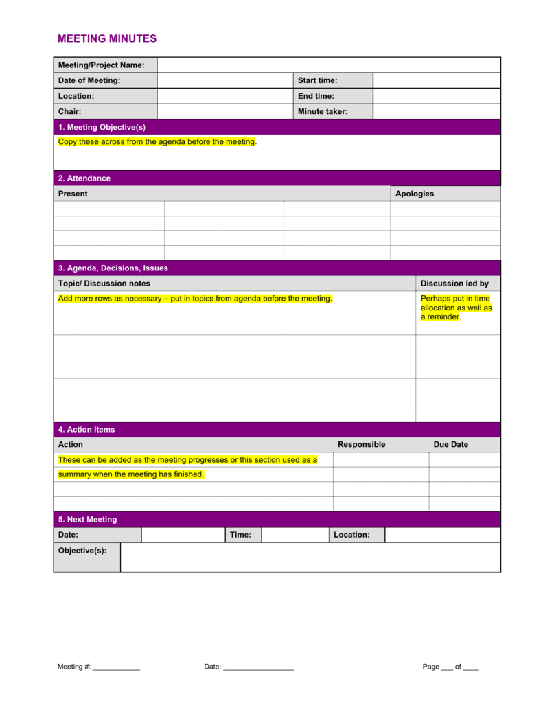 Project Meeting Minutes Template For Meeting Note Taking Template