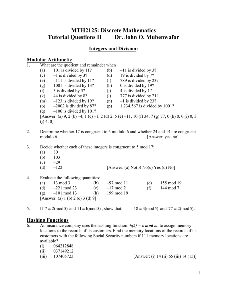 Mth2125 Discrete Mathematics Tutorial Questions Ii Dr John O