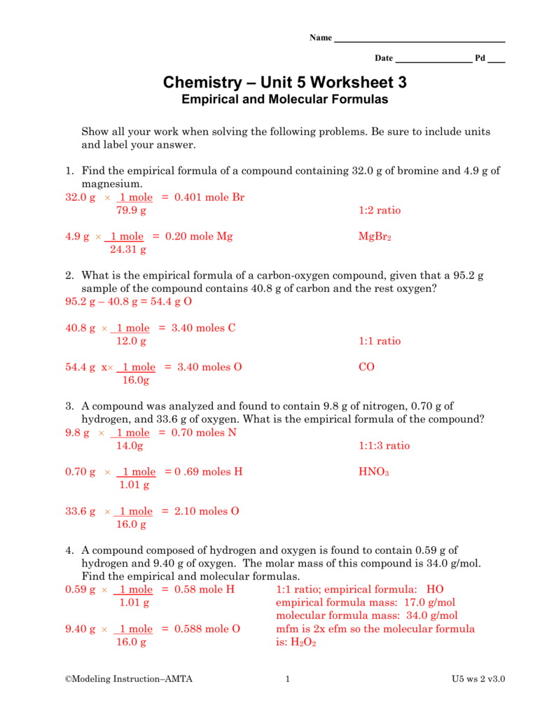 Empirical and Molecular Formulas Within Chemical  Formula Worksheet Answers