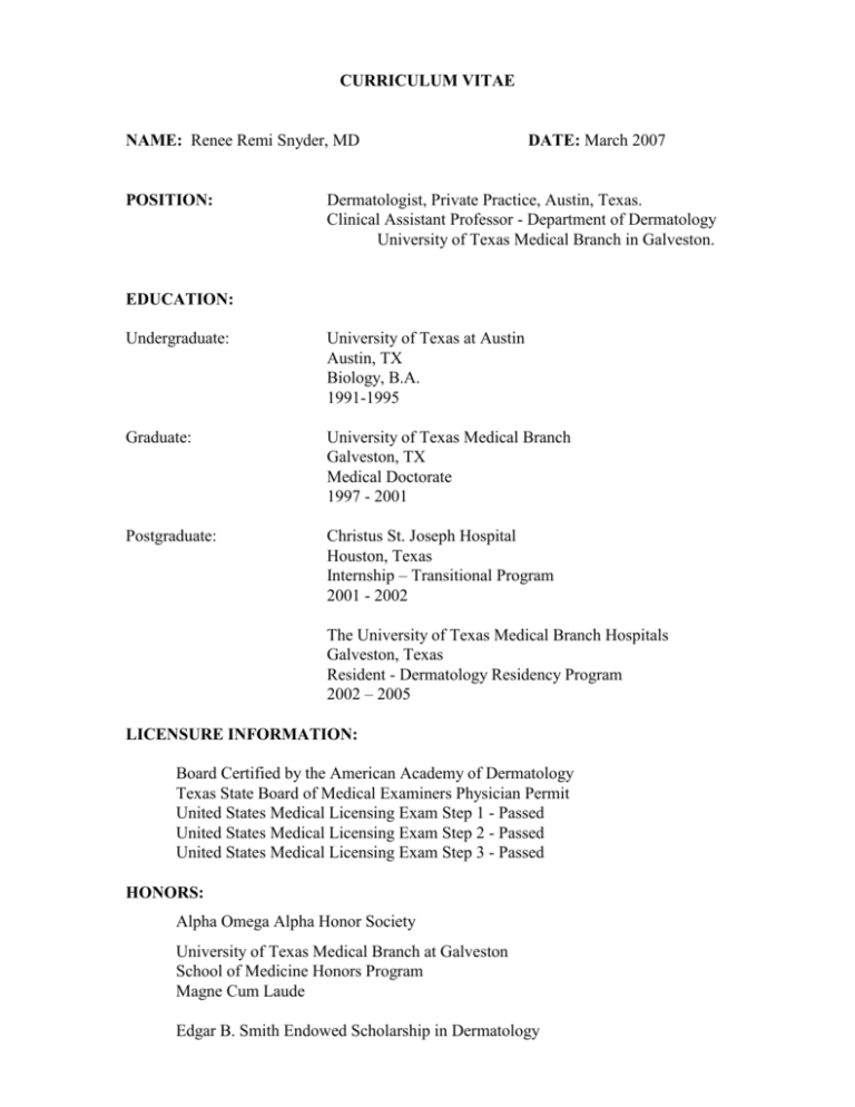 CURRICULUM VITAE - Snyder Dermatology