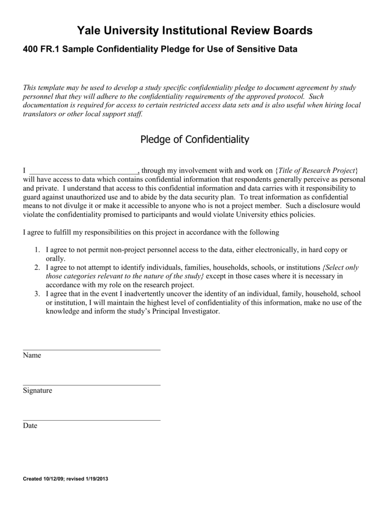 Confidentiality Pledge Template Regarding non disclosure agreement template for research