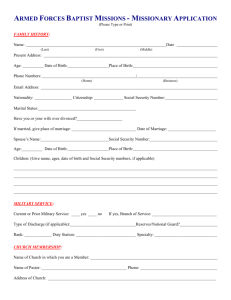 APPLICATION FOR ASSOCIATE MISSIONARY