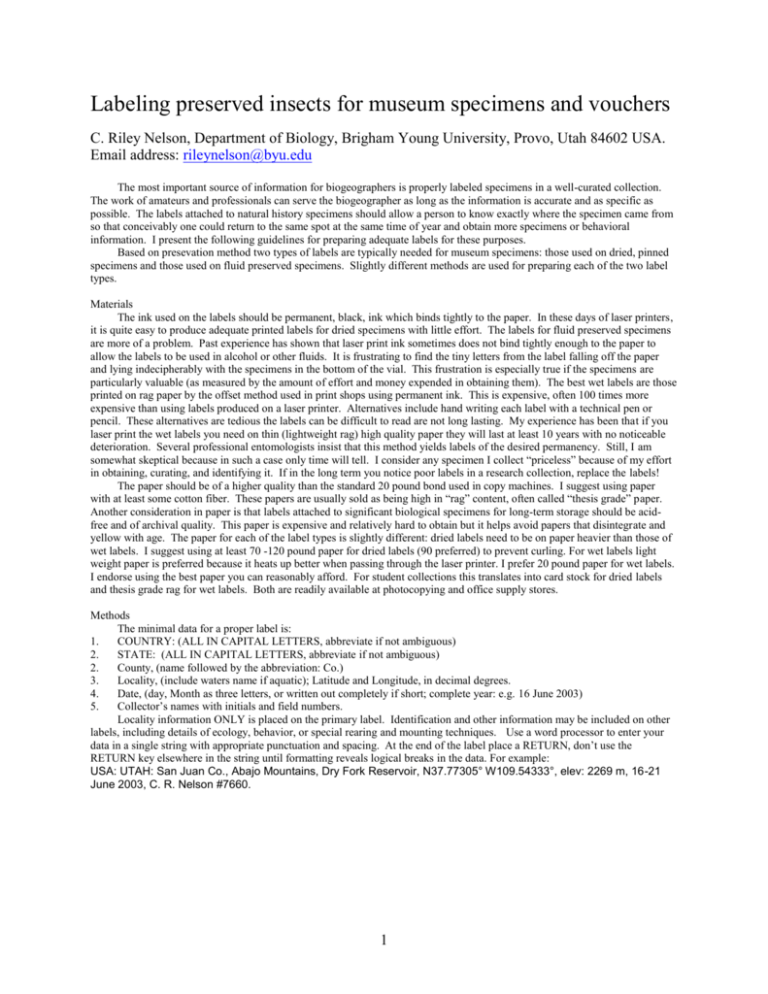 Labeling preserved insects for museum specimens