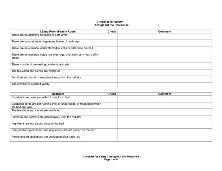 Checklist for Safety Throughout the Residence