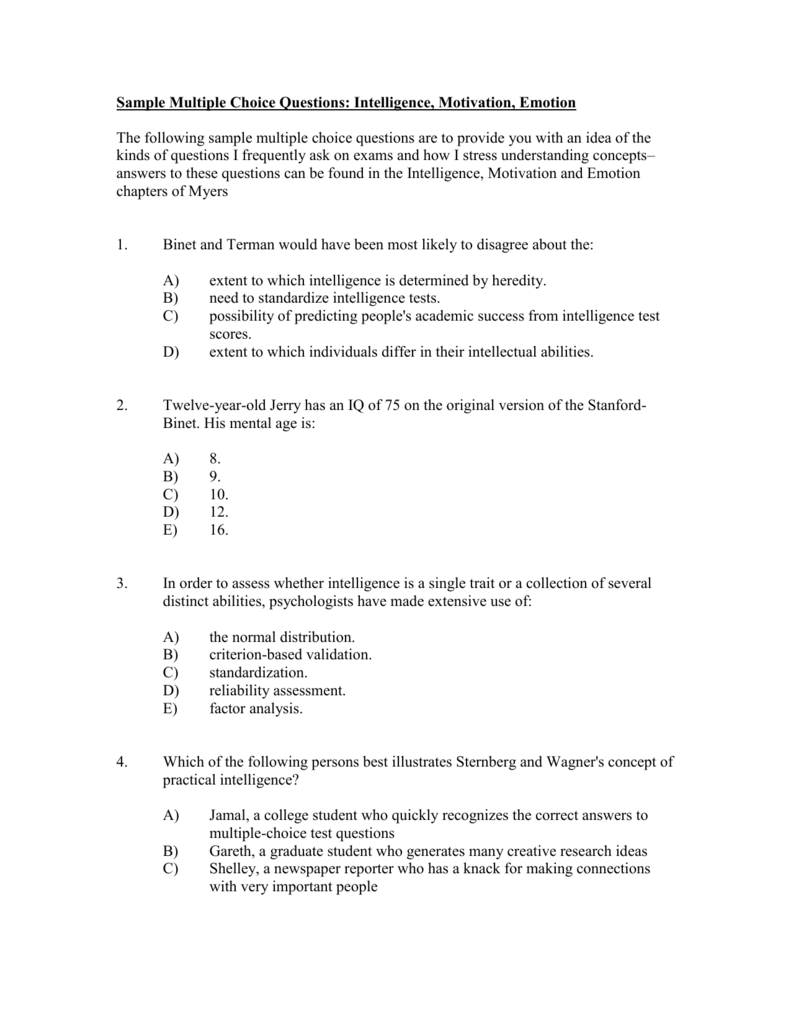 multiple choice questions on intelligence