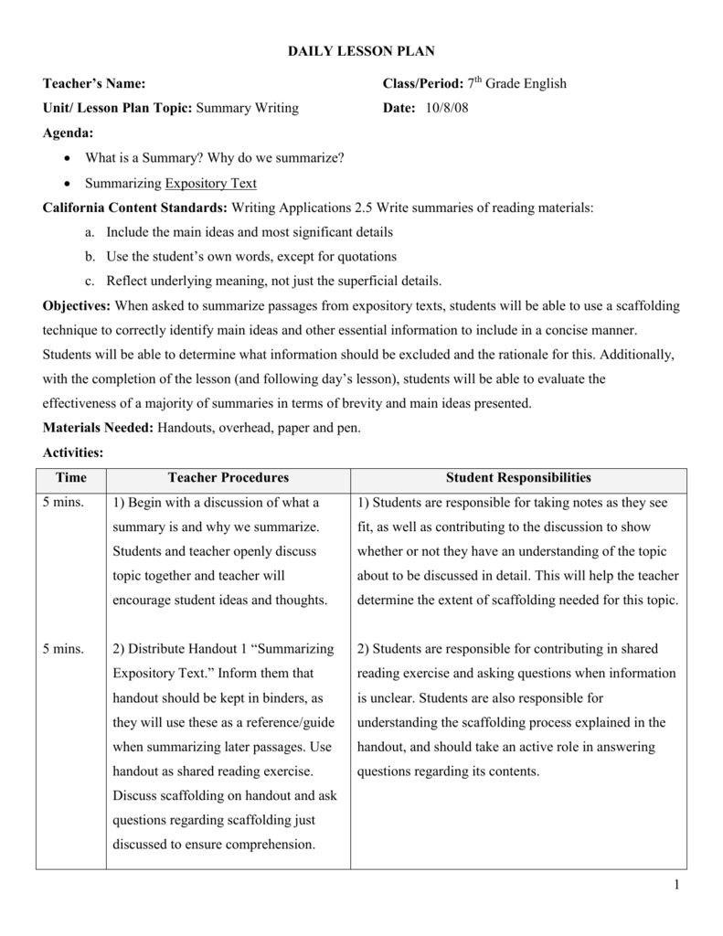 Summary Lesson Plan Middle School