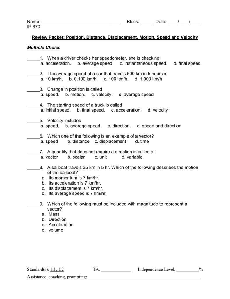 Review Packet: Position, Distance, Displacement With Regard To Distance And Displacement Worksheet Answers