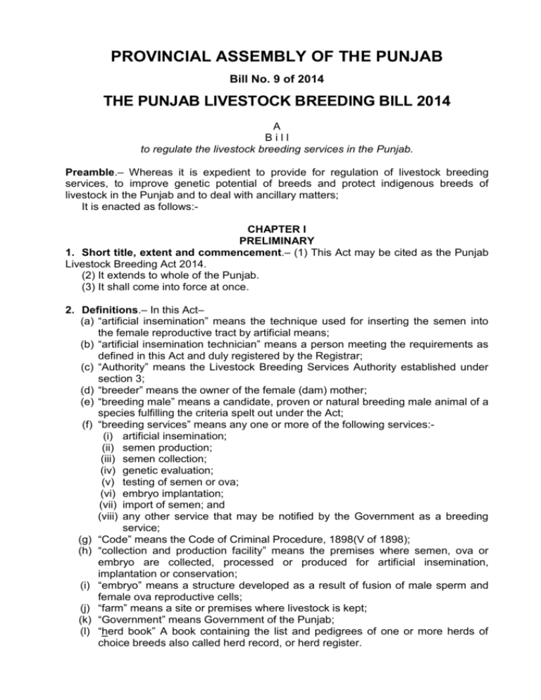 The Punjab Livestock Breeding Bill 2014