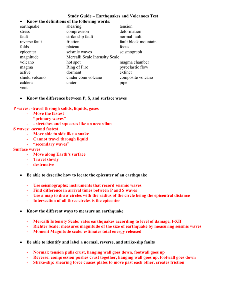 Study Guide – Earthquakes and Volcanoes Test