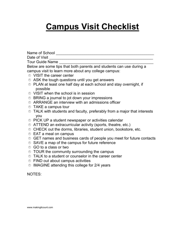 checklist for college visit