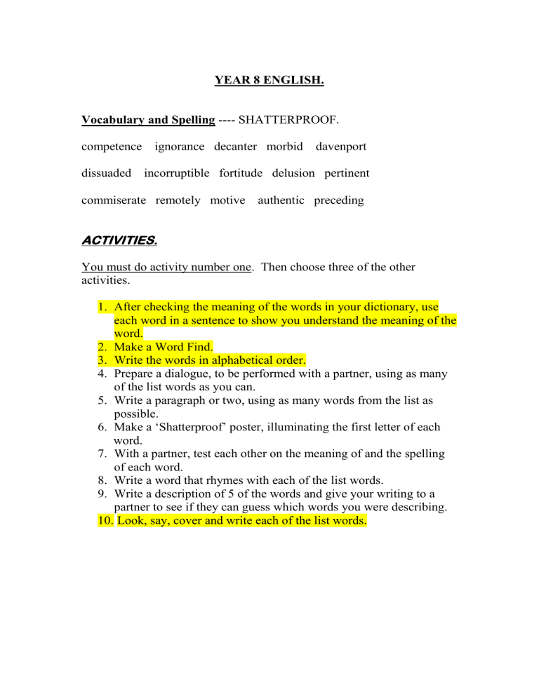 YEAR 8 ENGLISH Vocabulary And Spelling